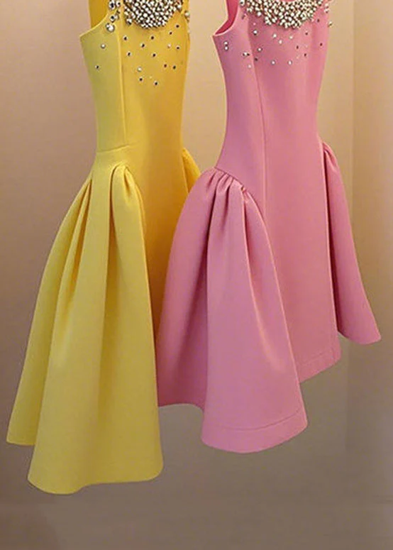 Handmade Yellow Nail Bead Lace Up Patchwork Mid Dress Sleeveless - Image 4