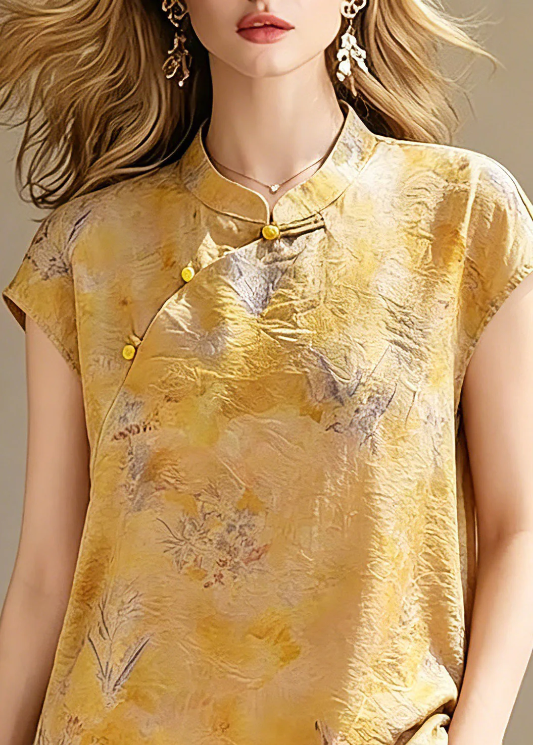 Handmade Yellow Print Button Shirts Short Sleeve - Image 2