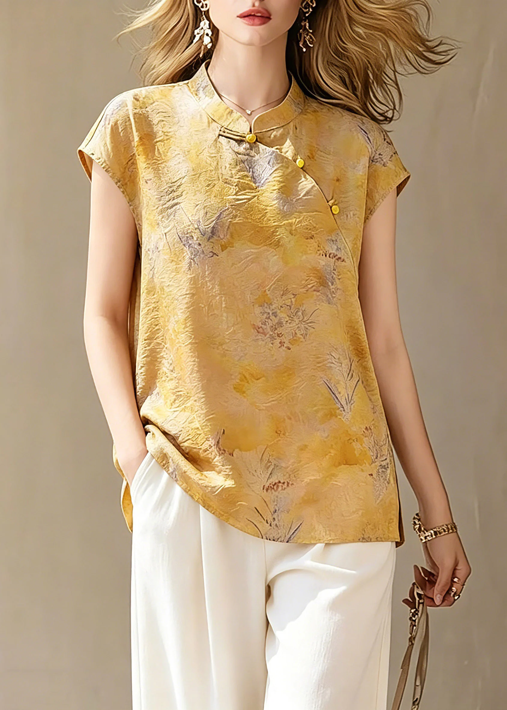 Handmade Yellow Print Button Shirts Short Sleeve - Image 3