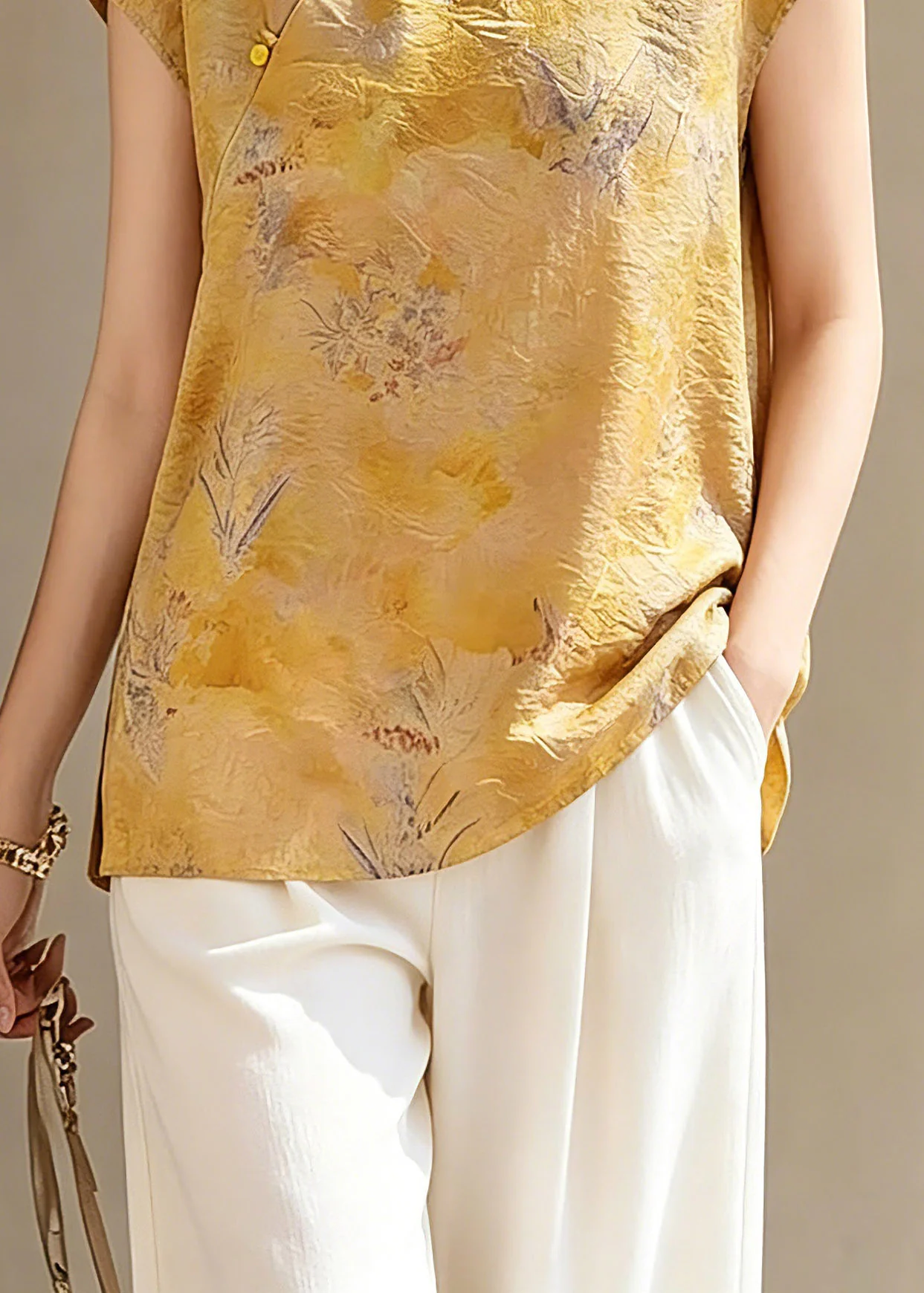 Handmade Yellow Print Button Shirts Short Sleeve - Image 4