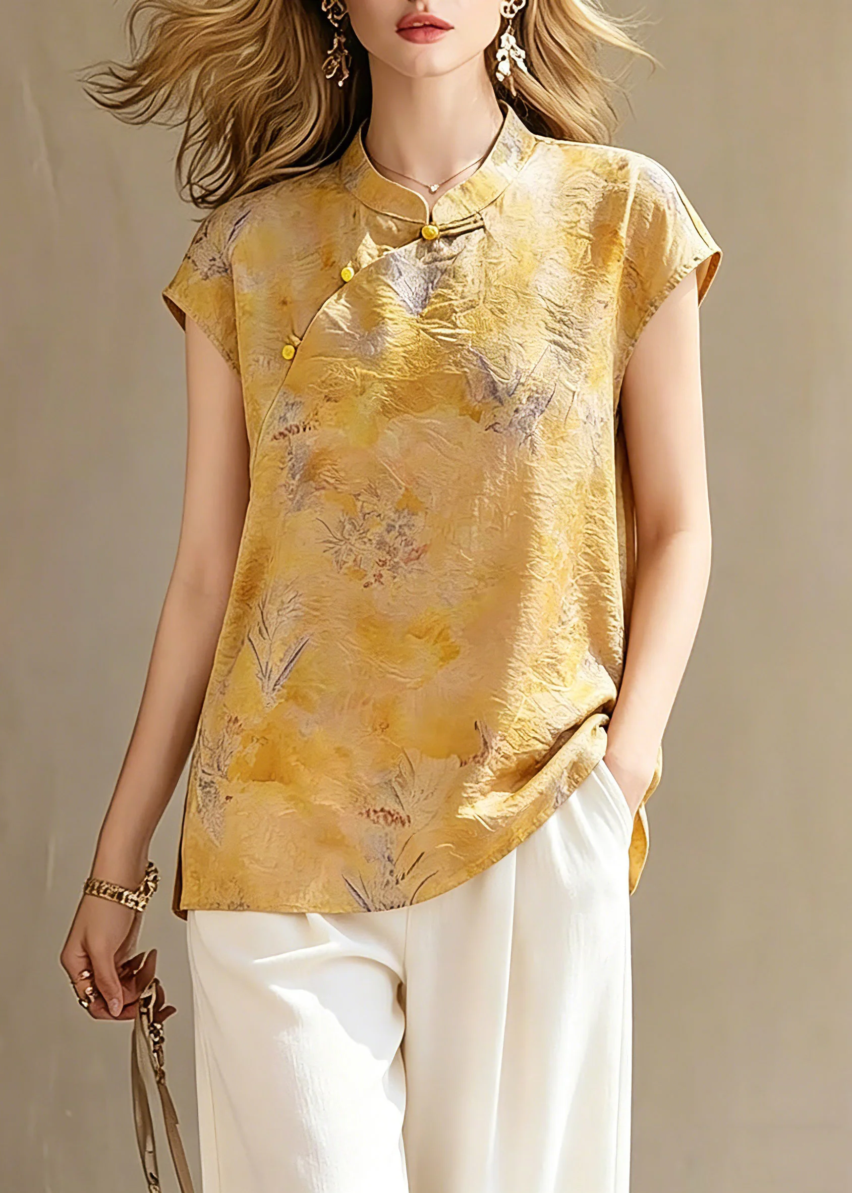 Handmade Yellow Print Button Shirts Short Sleeve - Image 5