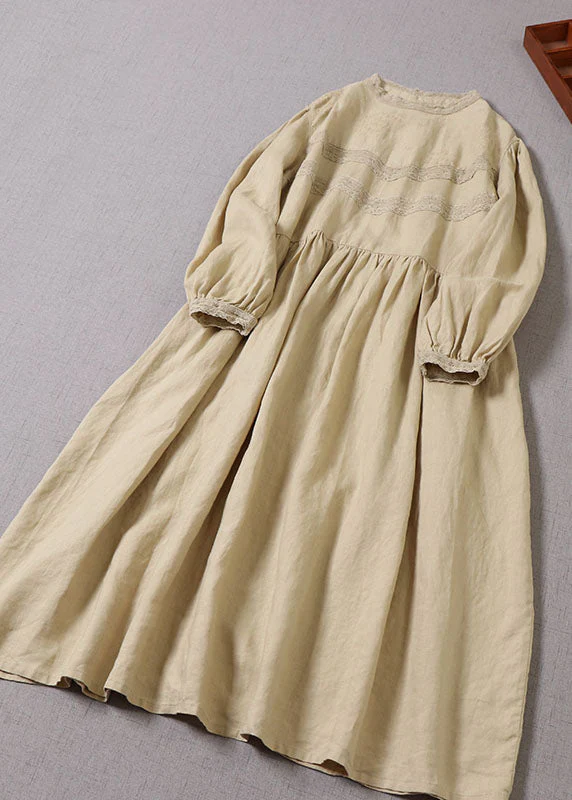 Handmade Yellow Puff Sleeve Patchwork Linen Dresses Spring - Image 2