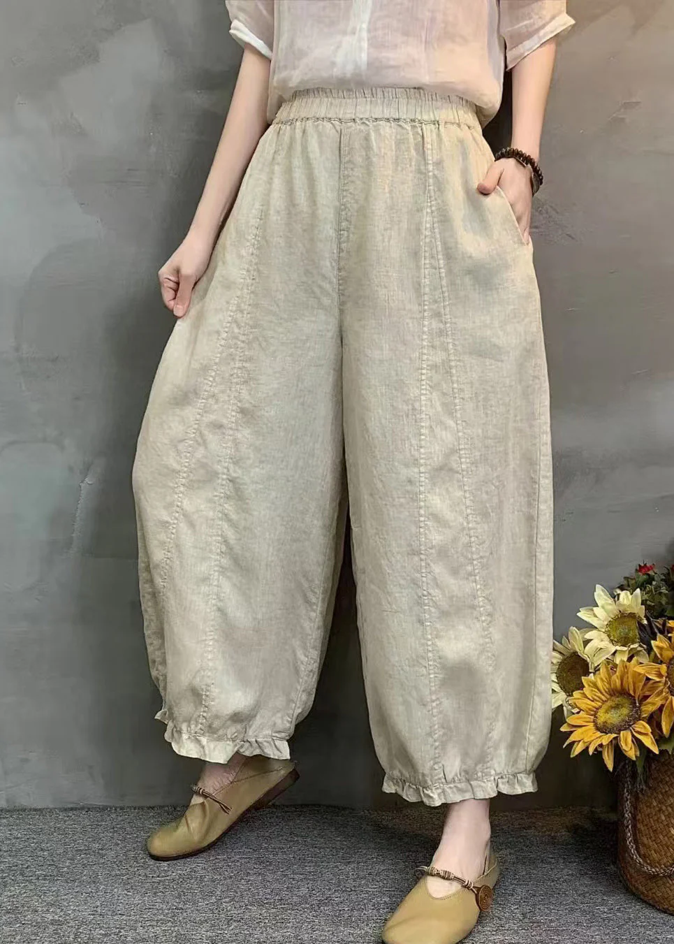 Handmade Yellow Ruffled Oversized Linen Harem Pants Summer - Image 3