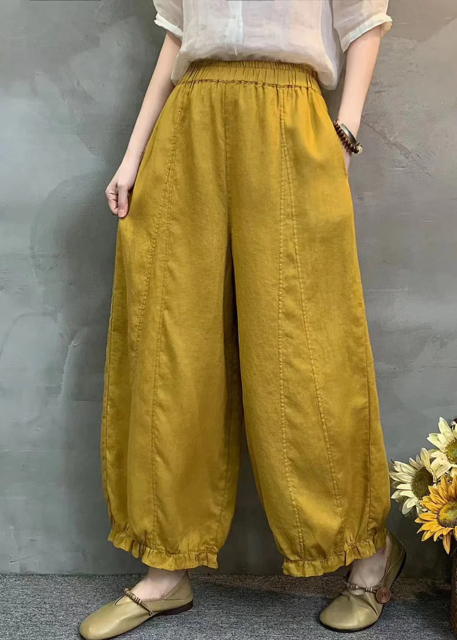 Handmade Yellow Ruffled Oversized Linen Harem Pants Summer - Image 4