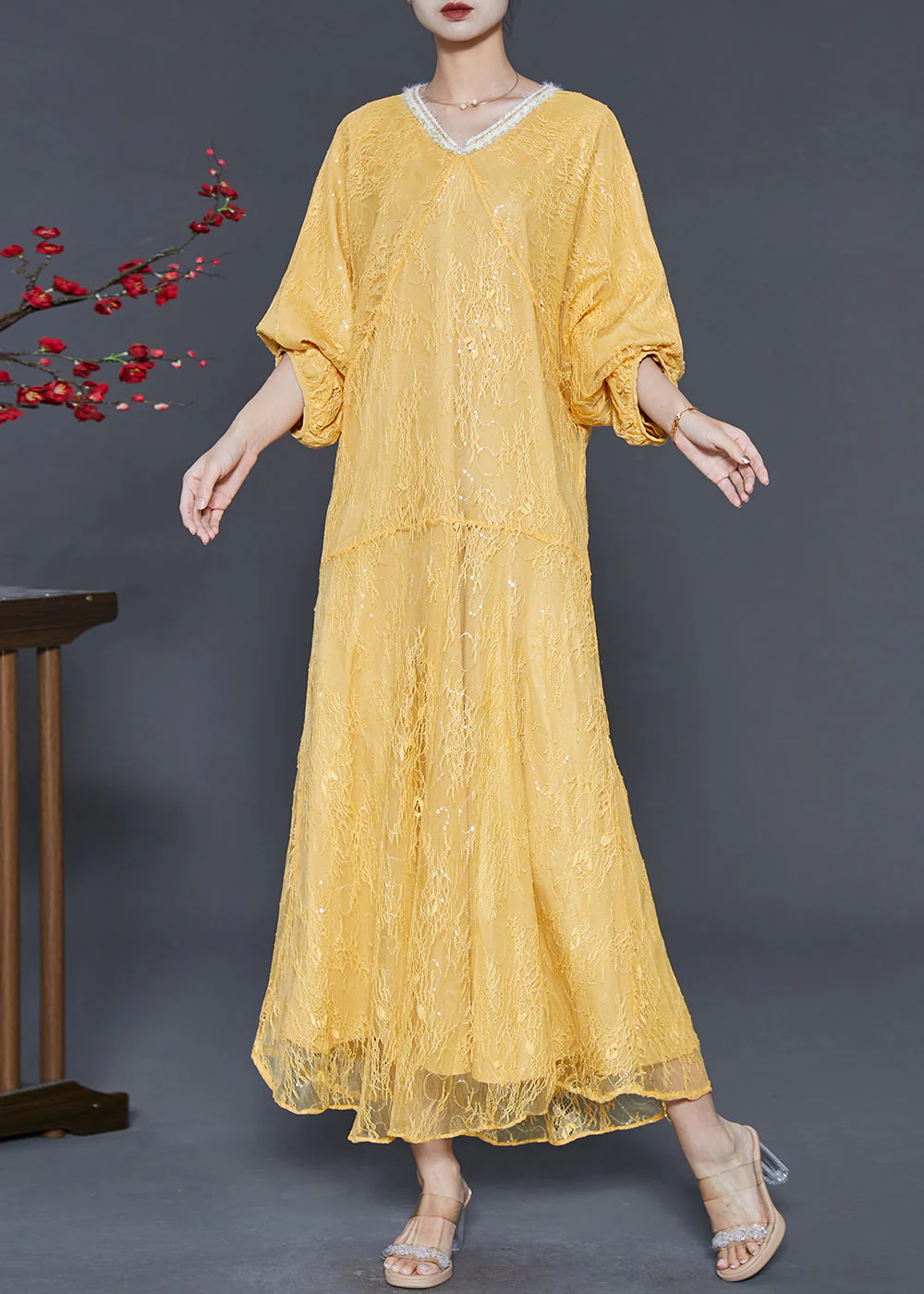 Handmade Yellow Sequins Silm Fit Lace Party Dresses Summer - Image 2