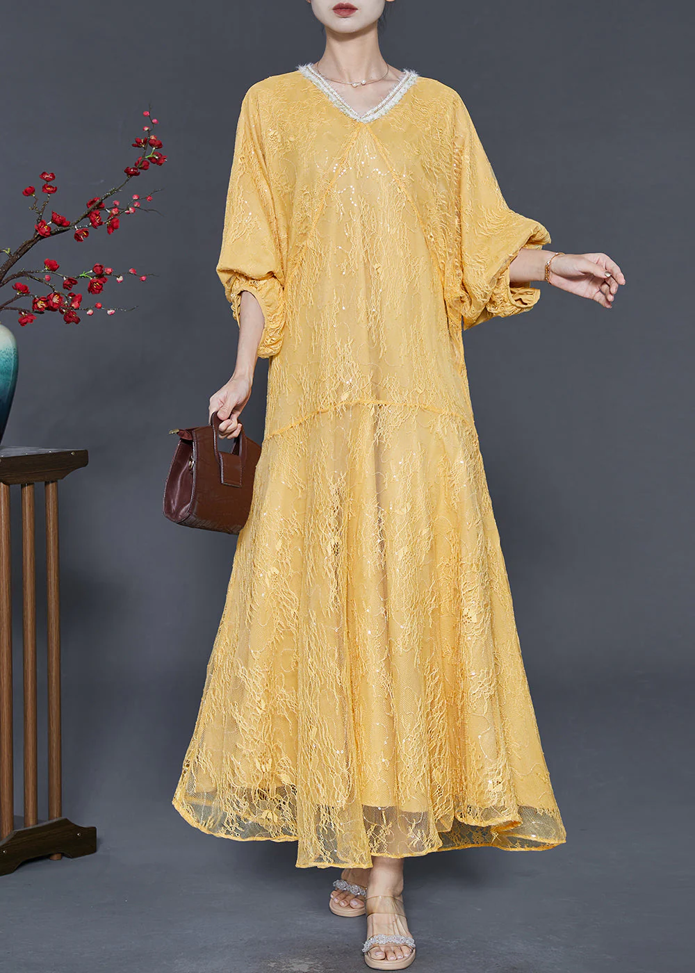 Handmade Yellow Sequins Silm Fit Lace Party Dresses Summer - Image 3