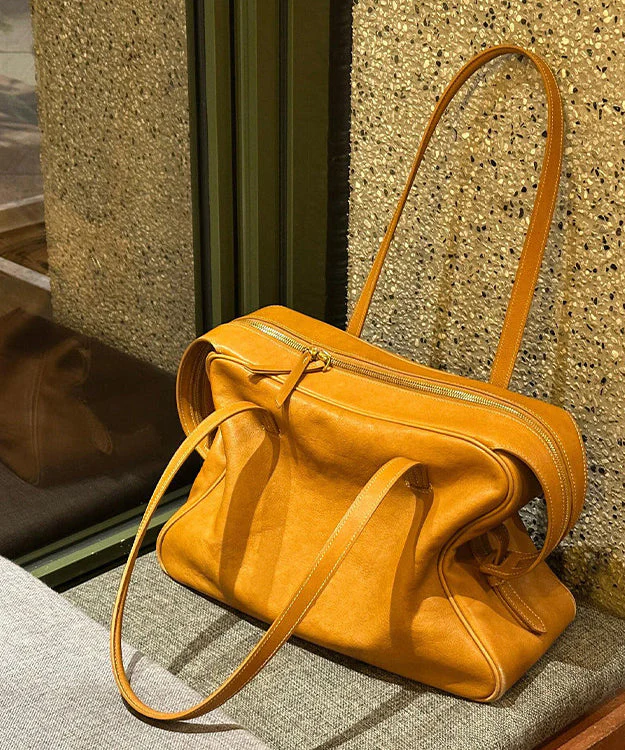 Handmade Yellow Solid Durable Faux Leather Satchel Handbag - Image 2