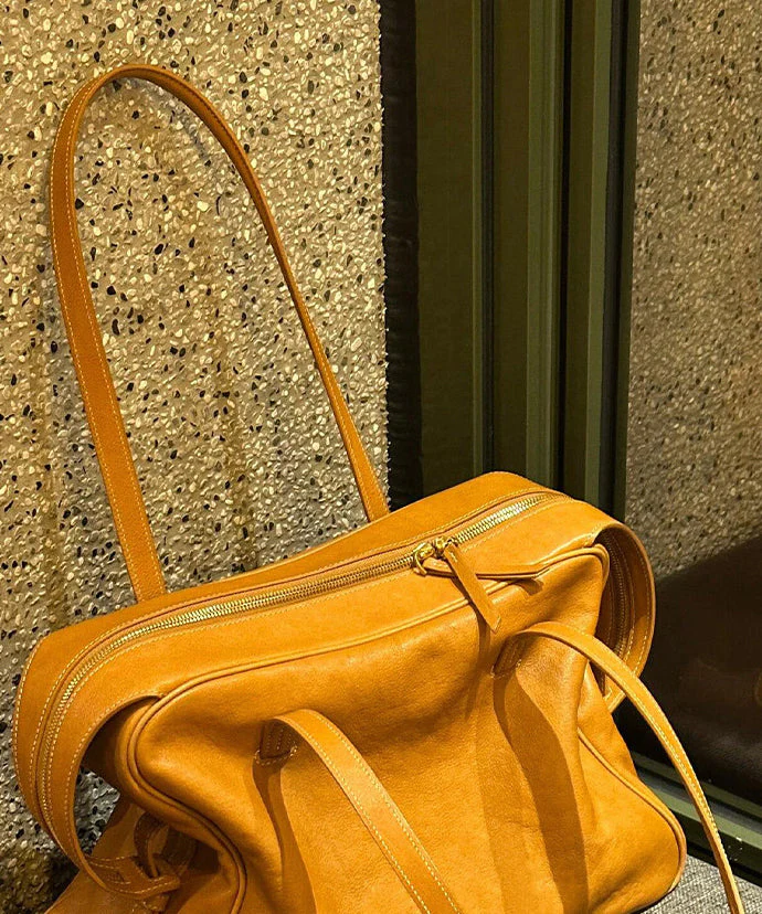 Handmade Yellow Solid Durable Faux Leather Satchel Handbag - Image 3