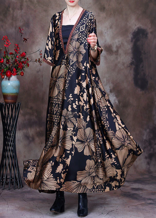 Handmade Yellow V Neck Asymmetrical Print Silk Long Dress Short Sleeve - Image 2