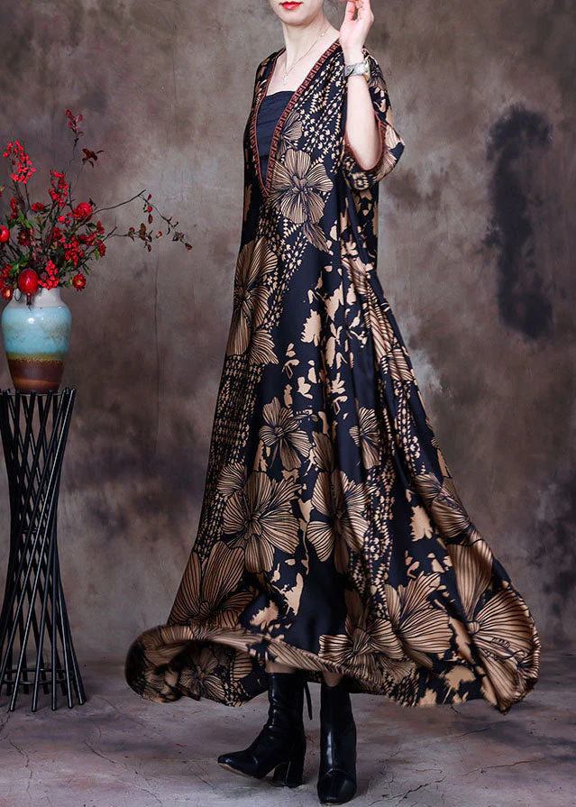Handmade Yellow V Neck Asymmetrical Print Silk Long Dress Short Sleeve - Image 3