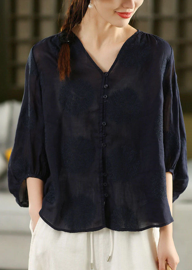 Handmade Yellow V Neck Embroidered Linen Blouse Top Summer - Image 2
