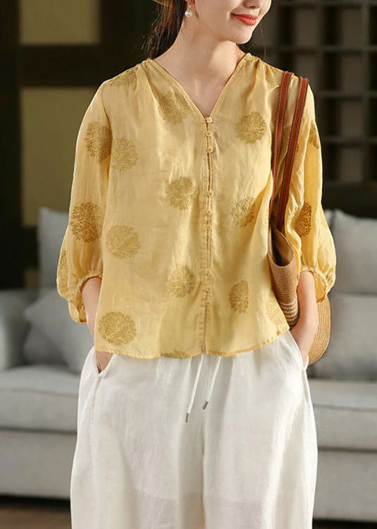 Handmade Yellow V Neck Embroidered Linen Blouse Top Summer - Image 3