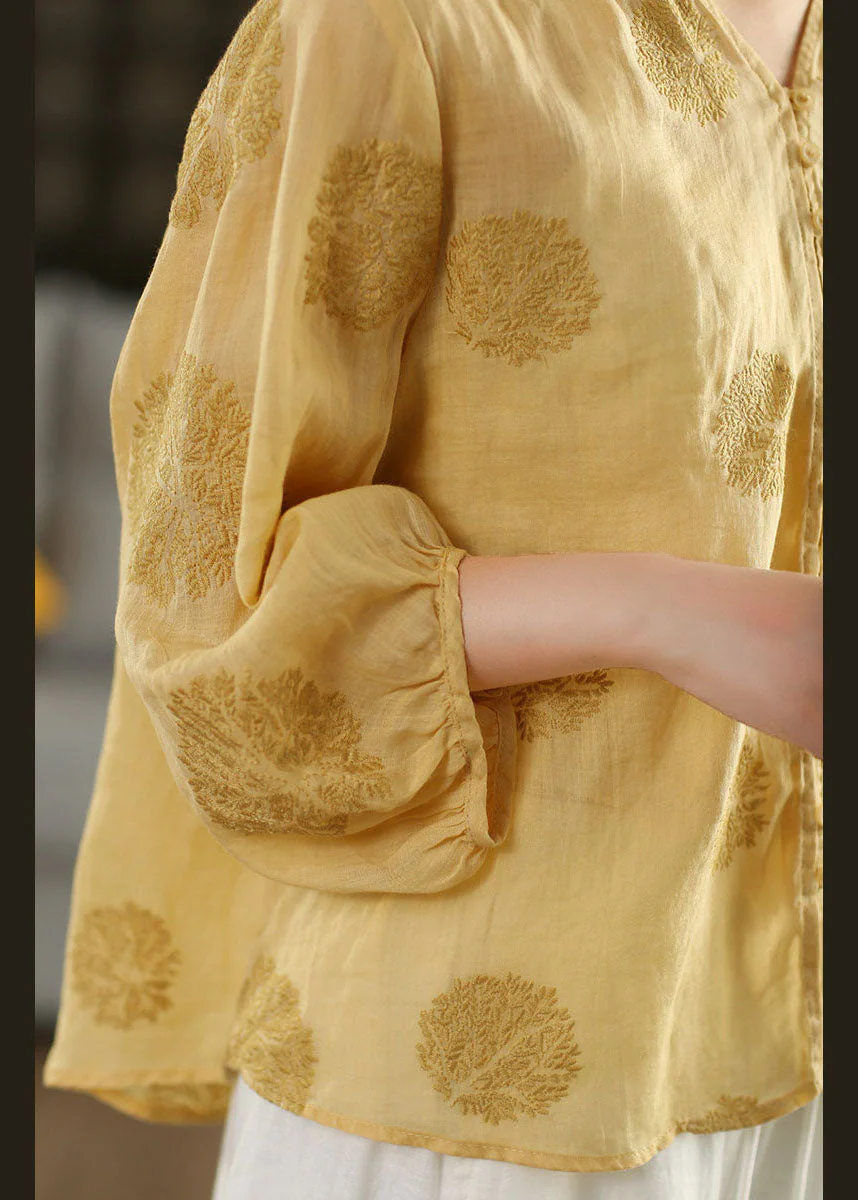 Handmade Yellow V Neck Embroidered Linen Blouse Top Summer - Image 4