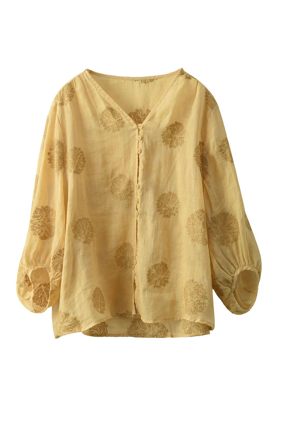 Handmade Yellow V Neck Embroidered Linen Blouse Top Summer - Image 5