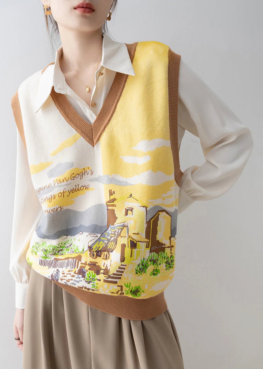 Handmade Yellow V Neck Print Knit Vests Spring - Image 3