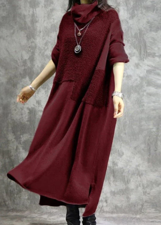 High Neck Grey Plush Panel Long Sleeved Dress Spring - Image 2