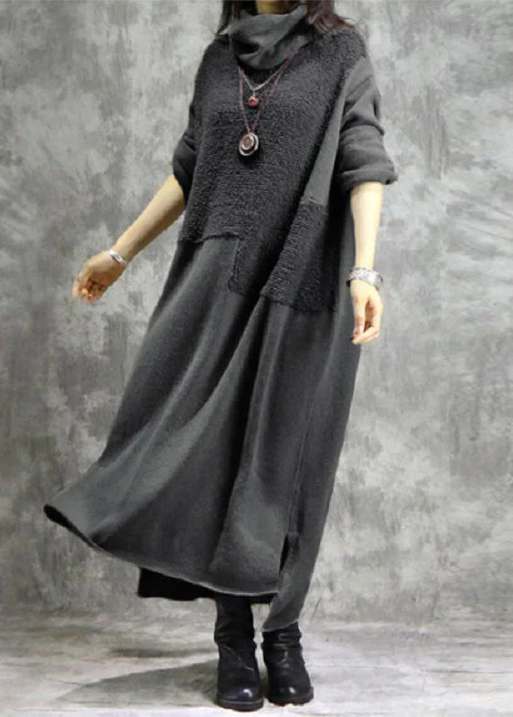 High Neck Grey Plush Panel Long Sleeved Dress Spring - Image 3