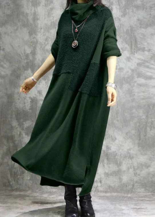 High Neck Grey Plush Panel Long Sleeved Dress Spring - Image 4