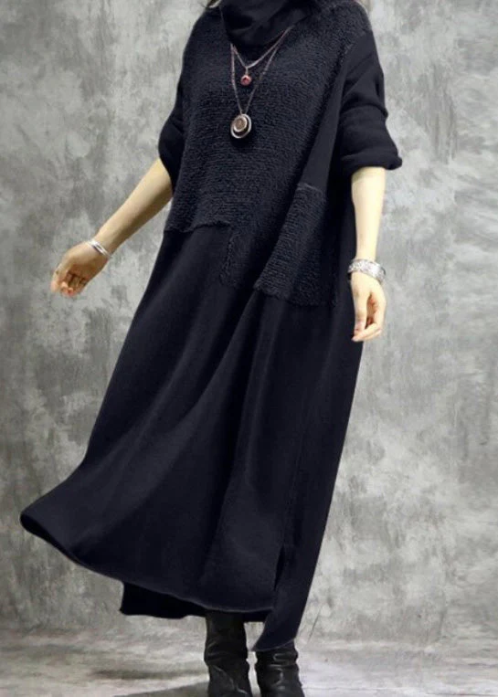 High Neck Grey Plush Panel Long Sleeved Dress Spring - Image 5