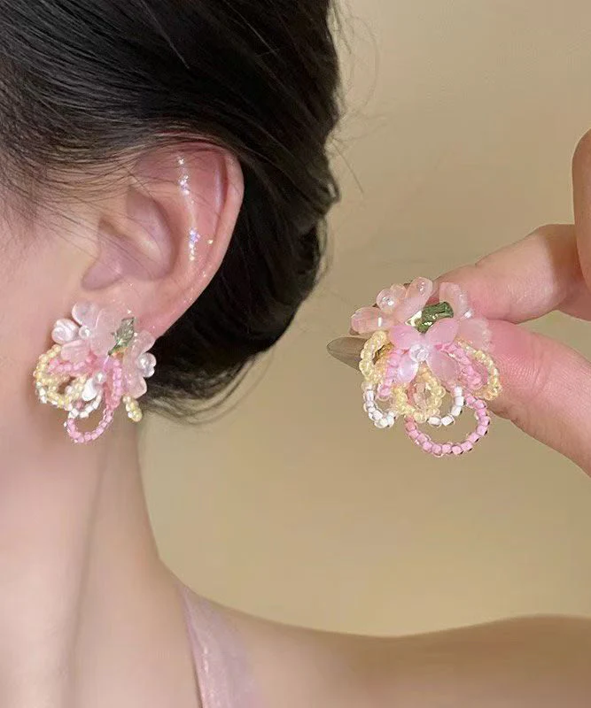 Holiday Blue Alloy Floral Crystal Beading Stud Earrings - Image 3