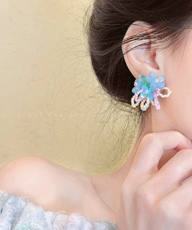 Holiday Blue Alloy Floral Crystal Beading Stud Earrings - Image 4
