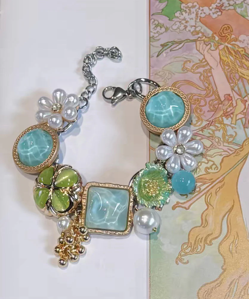 Holiday Colorblock Stainless Steel Floral Pearl Tassel Charm Bracelet