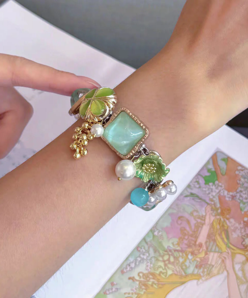 Holiday Colorblock Stainless Steel Floral Pearl Tassel Charm Bracelet - Image 2