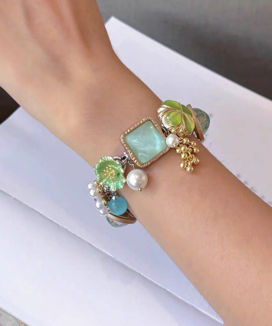 Holiday Colorblock Stainless Steel Floral Pearl Tassel Charm Bracelet - Image 3