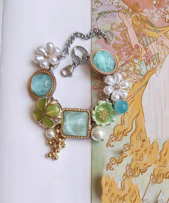 Holiday Colorblock Stainless Steel Floral Pearl Tassel Charm Bracelet - Image 4