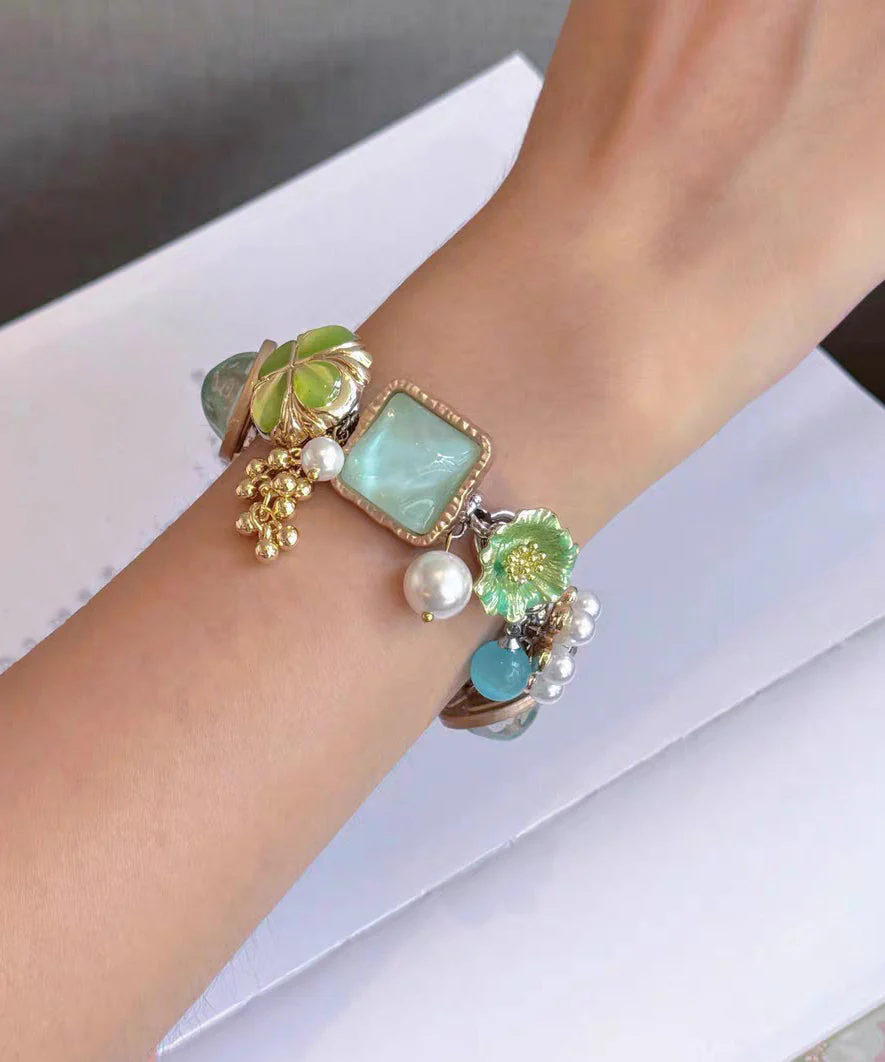 Holiday Colorblock Stainless Steel Floral Pearl Tassel Charm Bracelet - Image 5