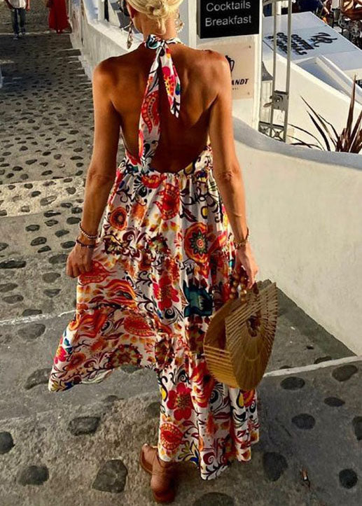 Holiday Style Backless Print Cotton Halter Dress Sleeveless - Image 3
