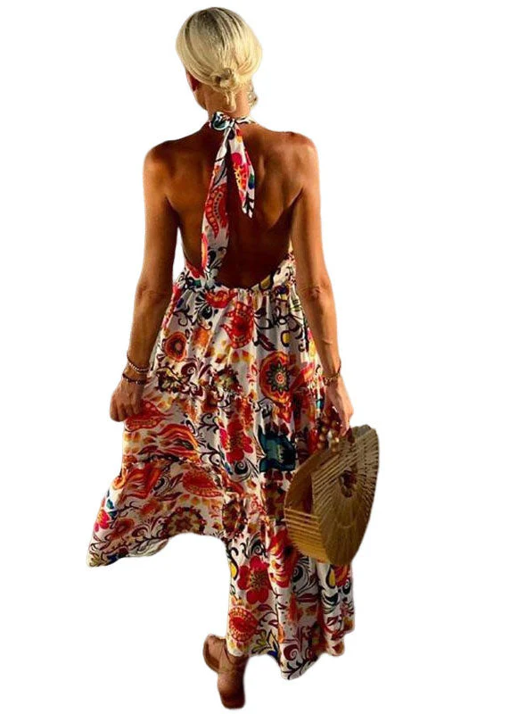 Holiday Style Backless Print Cotton Halter Dress Sleeveless - Image 5