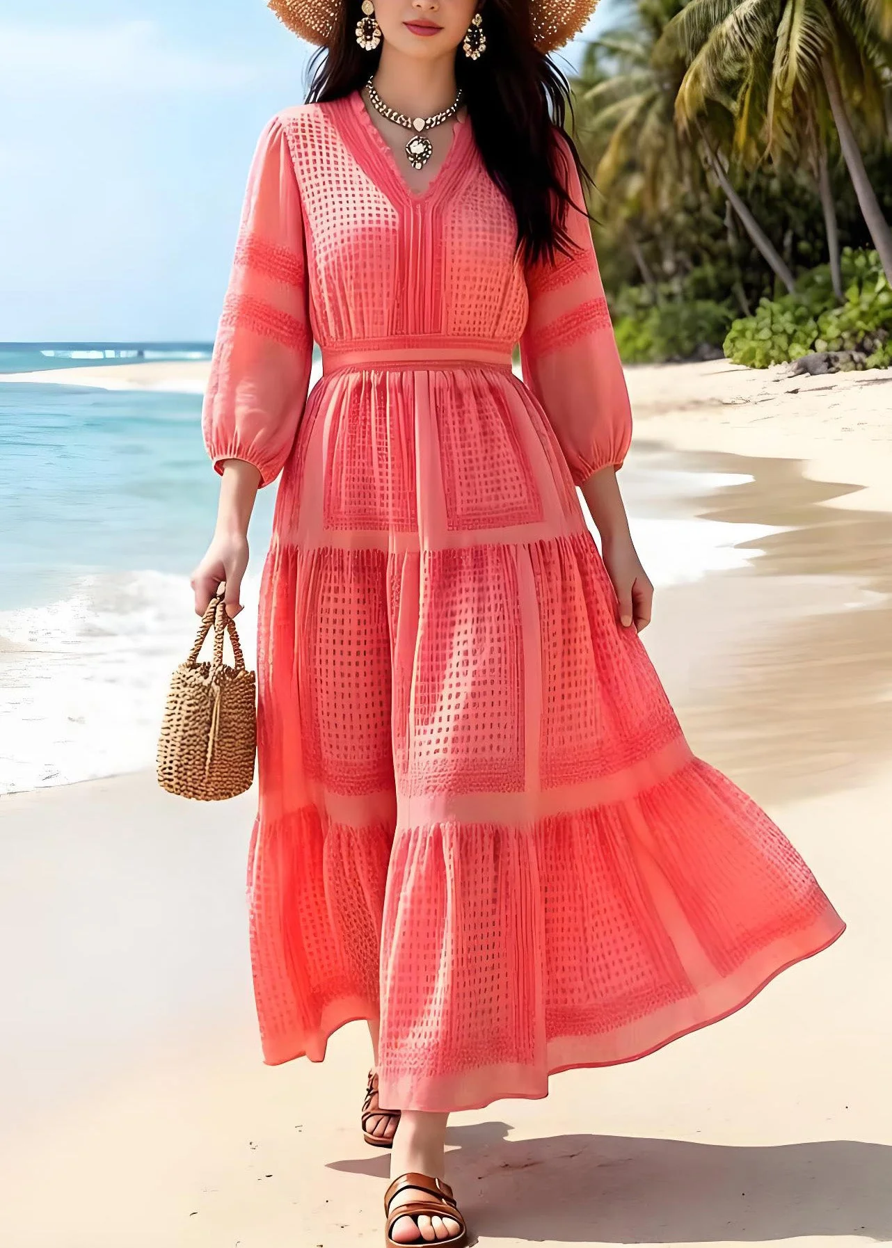 Holiday Style Orange V Neck Ruffled Print Chiffon Dress Summer - Image 3