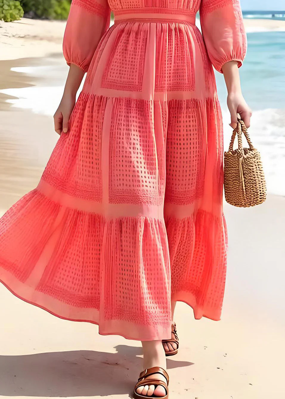 Holiday Style Orange V Neck Ruffled Print Chiffon Dress Summer - Image 4