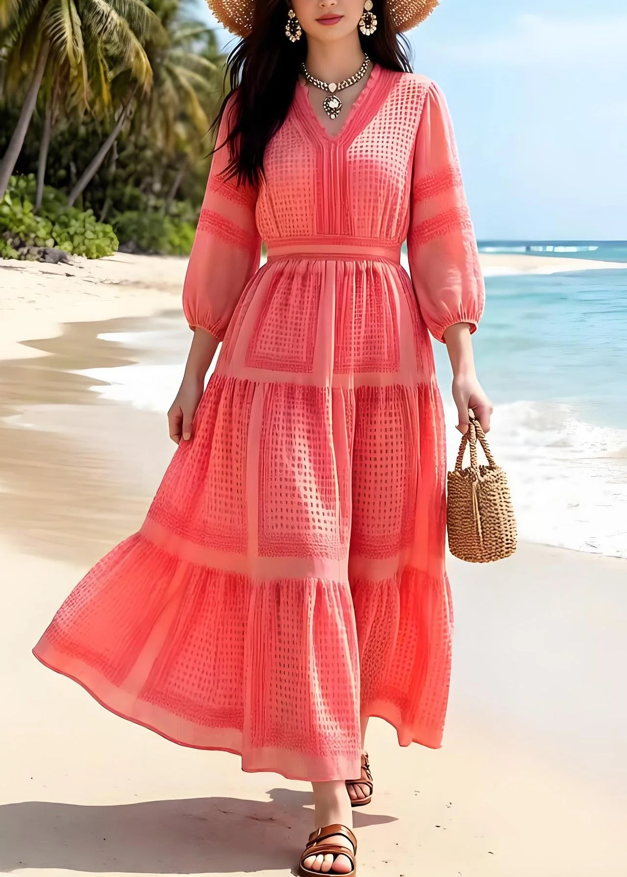Holiday Style Orange V Neck Ruffled Print Chiffon Dress Summer - Image 5