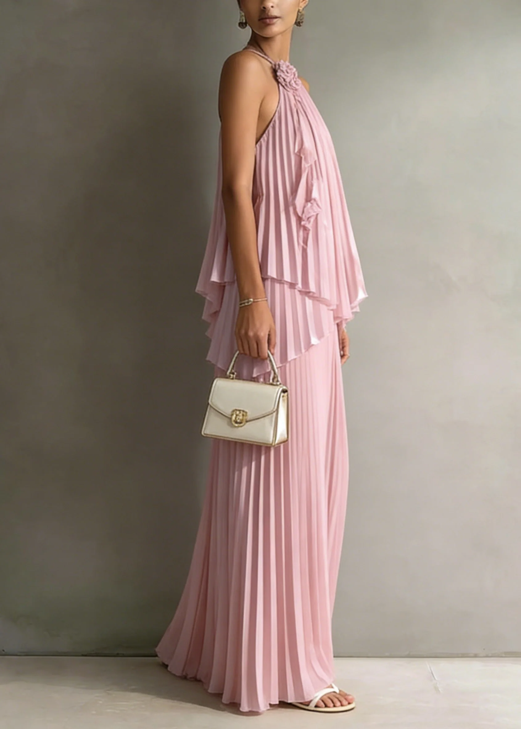 Holiday Style Pink Pleated Top And Skirts Chiffon Two Pieces Set Summer - Image 2