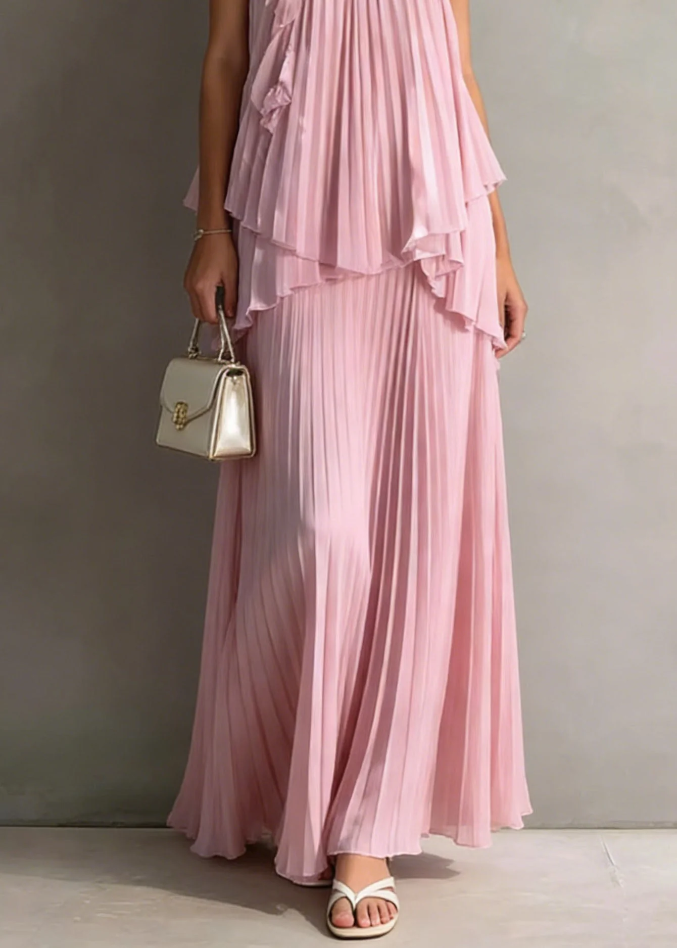 Holiday Style Pink Pleated Top And Skirts Chiffon Two Pieces Set Summer - Image 4