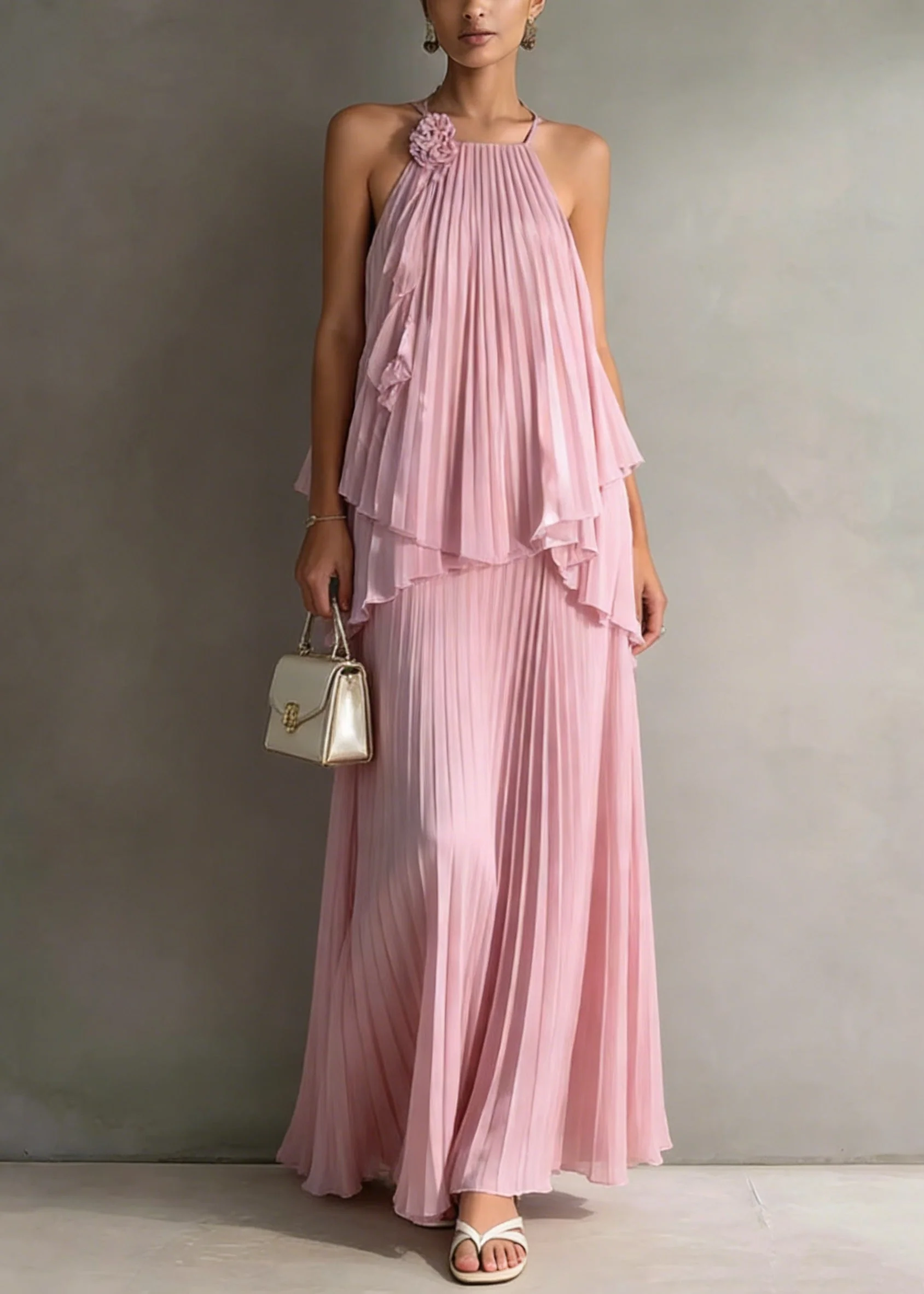 Holiday Style Pink Pleated Top And Skirts Chiffon Two Pieces Set Summer - Image 5