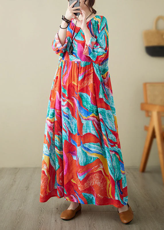 Holiday Style Red O-Neck Print Loose Cotton Long Dress Summer - Image 2