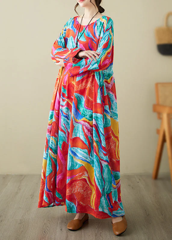 Holiday Style Red O-Neck Print Loose Cotton Long Dress Summer - Image 3