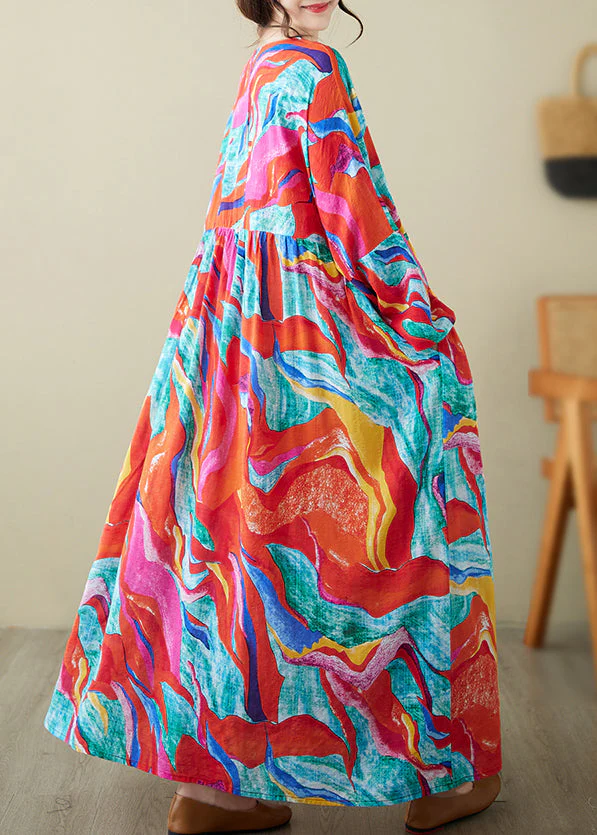 Holiday Style Red O-Neck Print Loose Cotton Long Dress Summer - Image 4