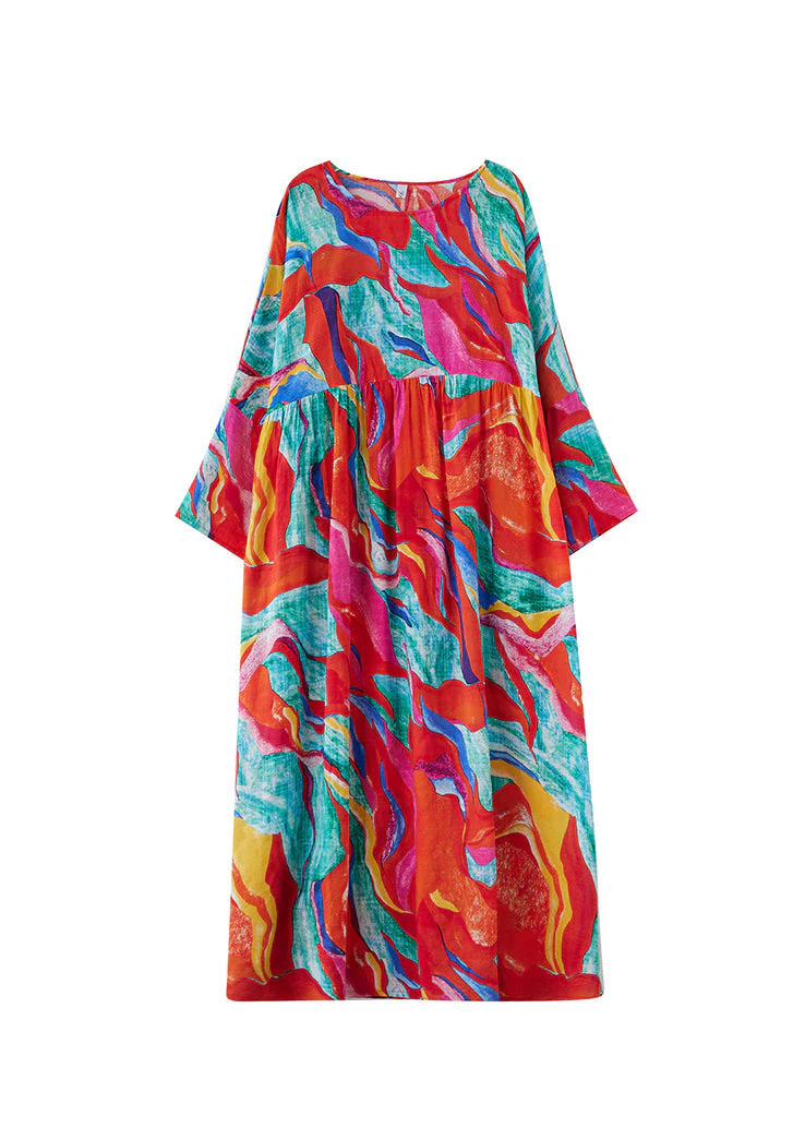 Holiday Style Red O-Neck Print Loose Cotton Long Dress Summer - Image 5