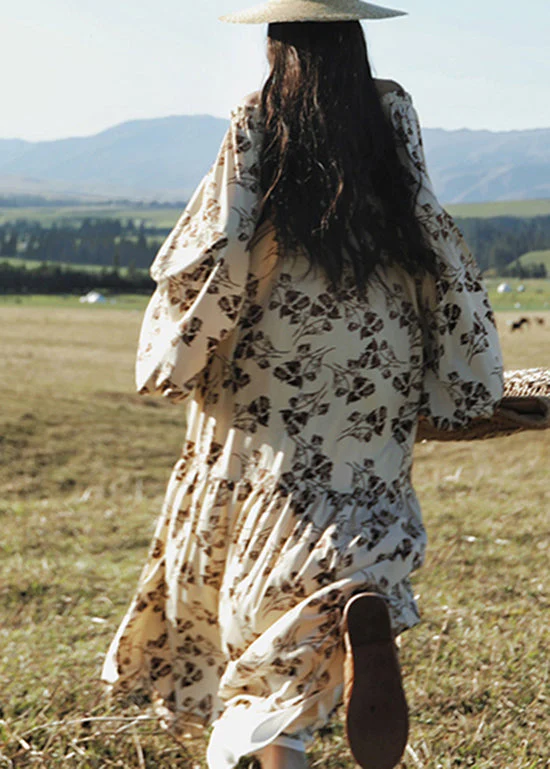 Holiday Style Slash Neck Print Cotton Dress Lantern Sleeve - Image 4