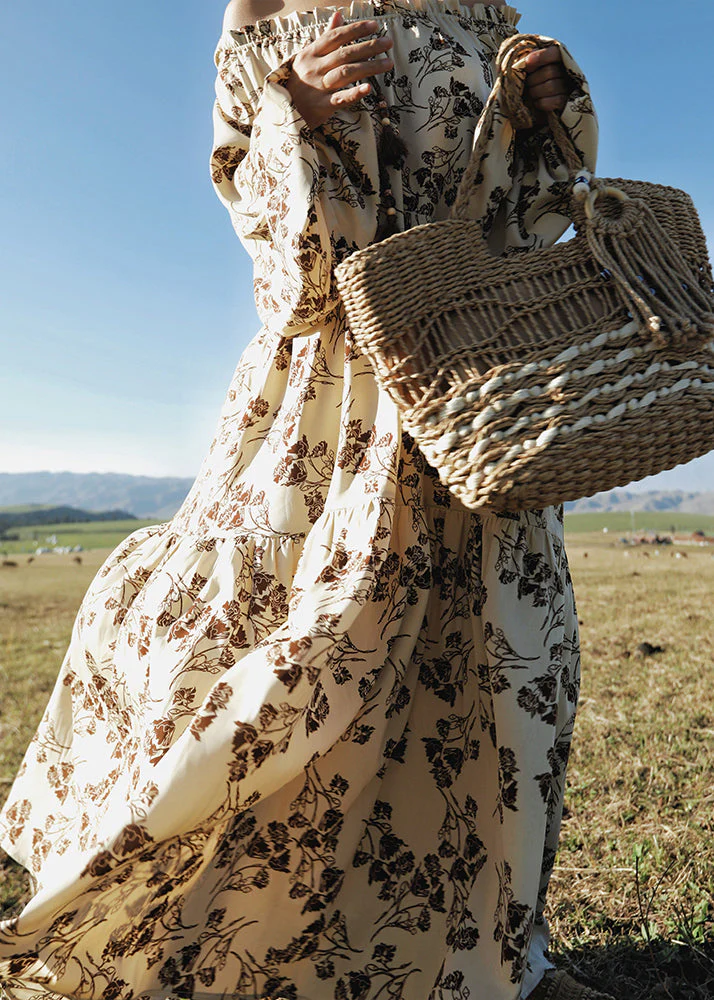 Holiday Style Slash Neck Print Cotton Dress Lantern Sleeve - Image 5