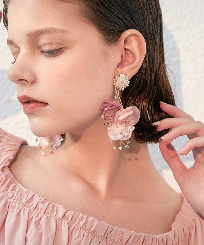 Holiday Style Tulle Flower Pearl Stud Earrings - Image 2
