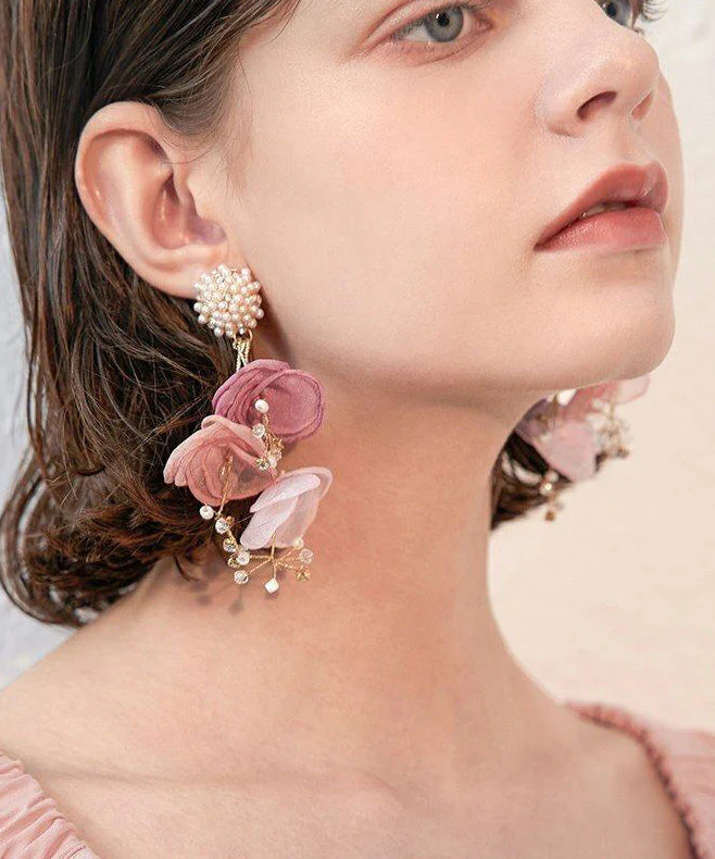 Holiday Style Tulle Flower Pearl Stud Earrings - Image 3