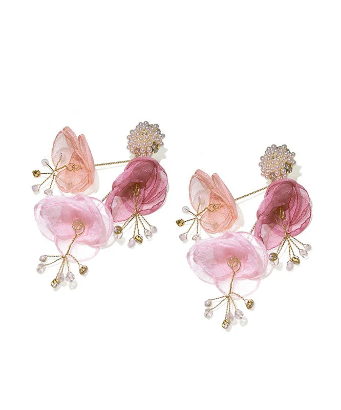 Holiday Style Tulle Flower Pearl Stud Earrings - Image 5