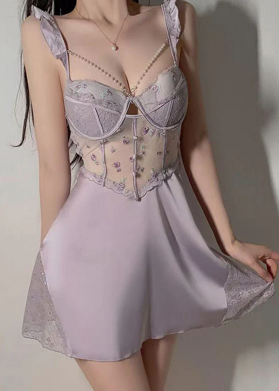 Hot Purple Lace Patchwork Backless Slips Lingerie Sets - Image 3