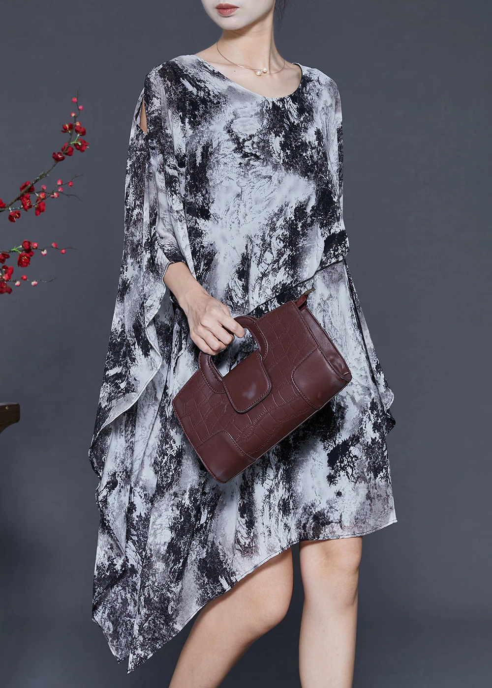 Ink Wash Painting Chiffon Holiday Dress Asymmetrical Design Summer - Image 2
