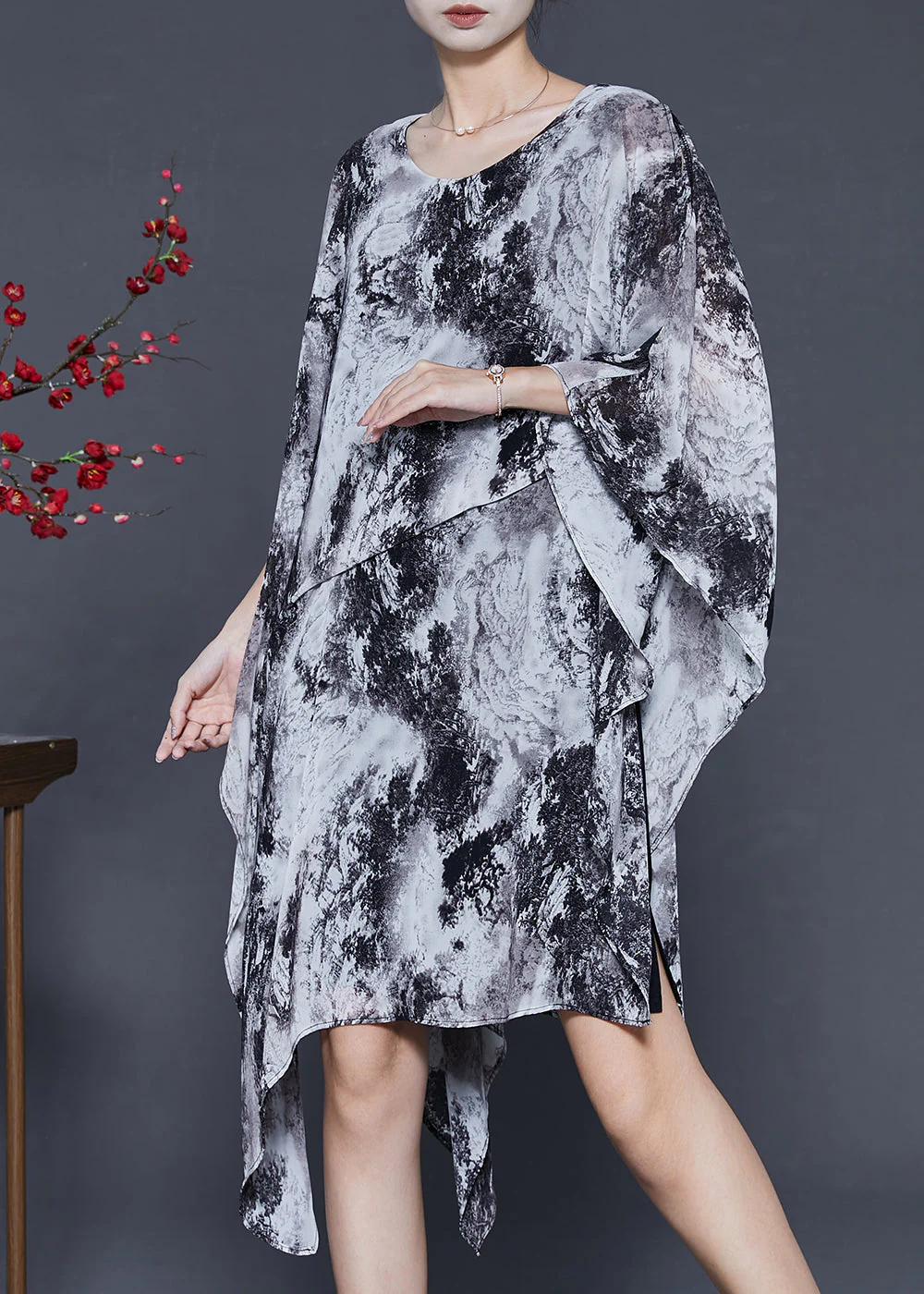 Ink Wash Painting Chiffon Holiday Dress Asymmetrical Design Summer - Image 3